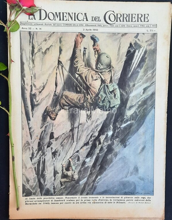 Copertina fronte Domenica del Corriere 2 Aprile 1950 – articoli su Stramberie di Beltrame Galeone sommerso,armi contro la malaria,principessa Elisabetta,Marmolada