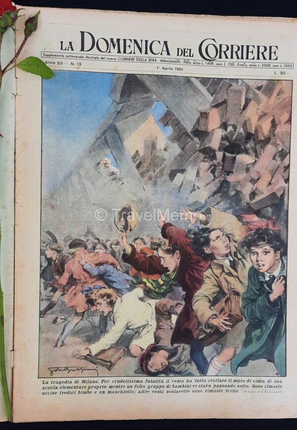 Copertina fronte Domenica del Corriere 1 Aprile 1951 – articoli su Crollo Scuola,Milan,Isa Miranda