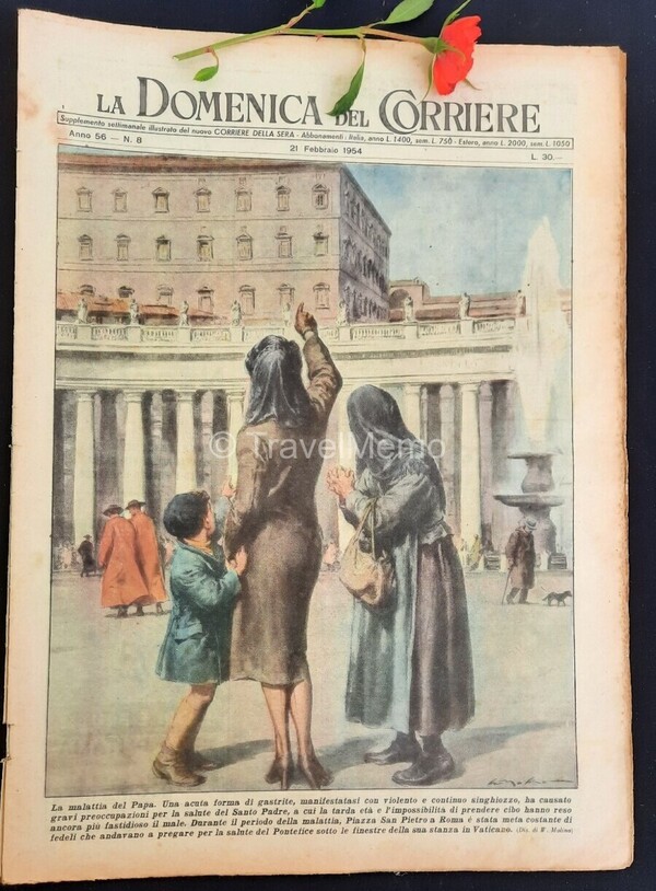 Copertina fronte Domenica del Corriere 21 Febbraio 1954 – articoli su Rebus,Leonardo da Vinci,Krakatoa,Faruk