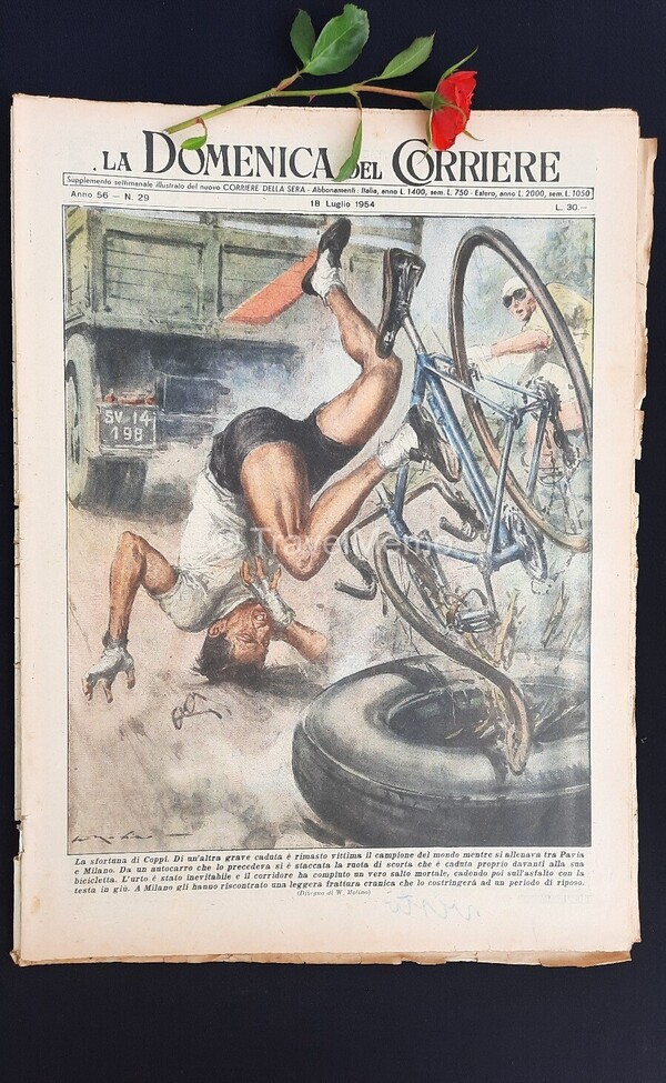 Copertina fronte Domenica del Corriere 18 luglio 1954 – articoli su Caduta,Coppi,Guglielmo Marconi,Petrolini