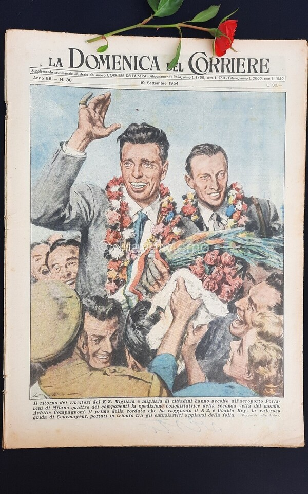 Copertina fronte Domenica del Corriere 19 settembre 1954 – articoli su K2,Ubaldo Rey,Compagnoni,Coppi,Masina