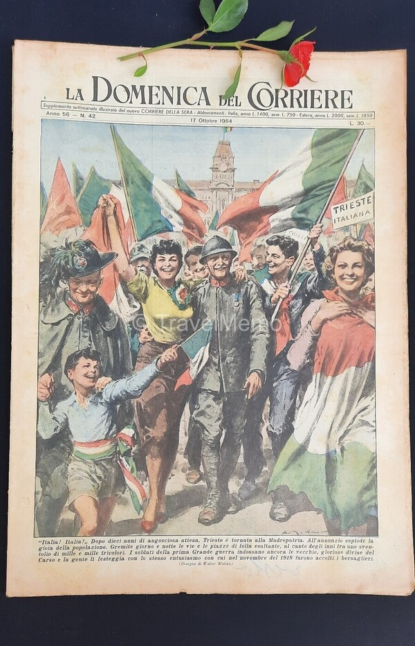 Copertina fronte Domenica del Corriere 17 ottobre 1954 – articoli su Trieste italiana,Dischi Volanti,Ufo