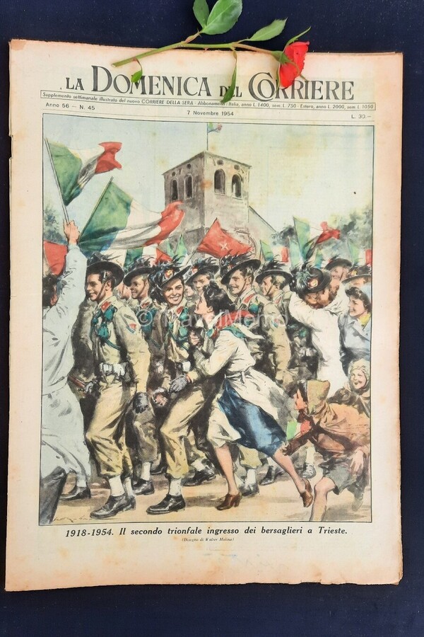 Copertina fronte Domenica del Corriere 7 novembre 1954 – articoli su Bersaglieri,Trieste,Alluvione,Salerno