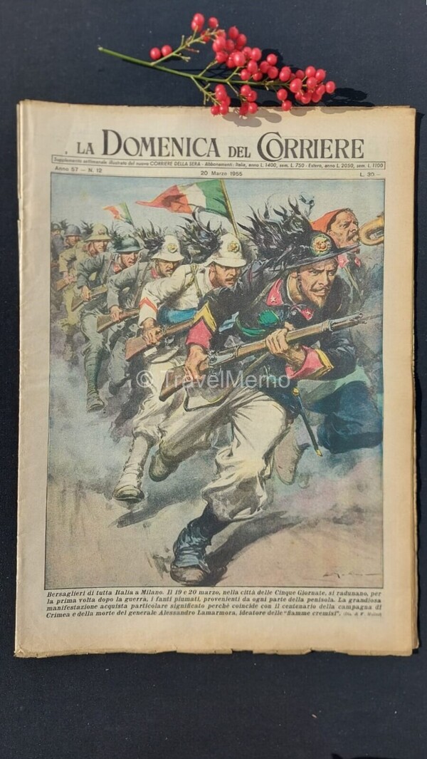 Copertina fronte Domenica del Corriere 20 marzo 1955 – articoli su Fleming penicillina,Bersaglieri,Gianelli